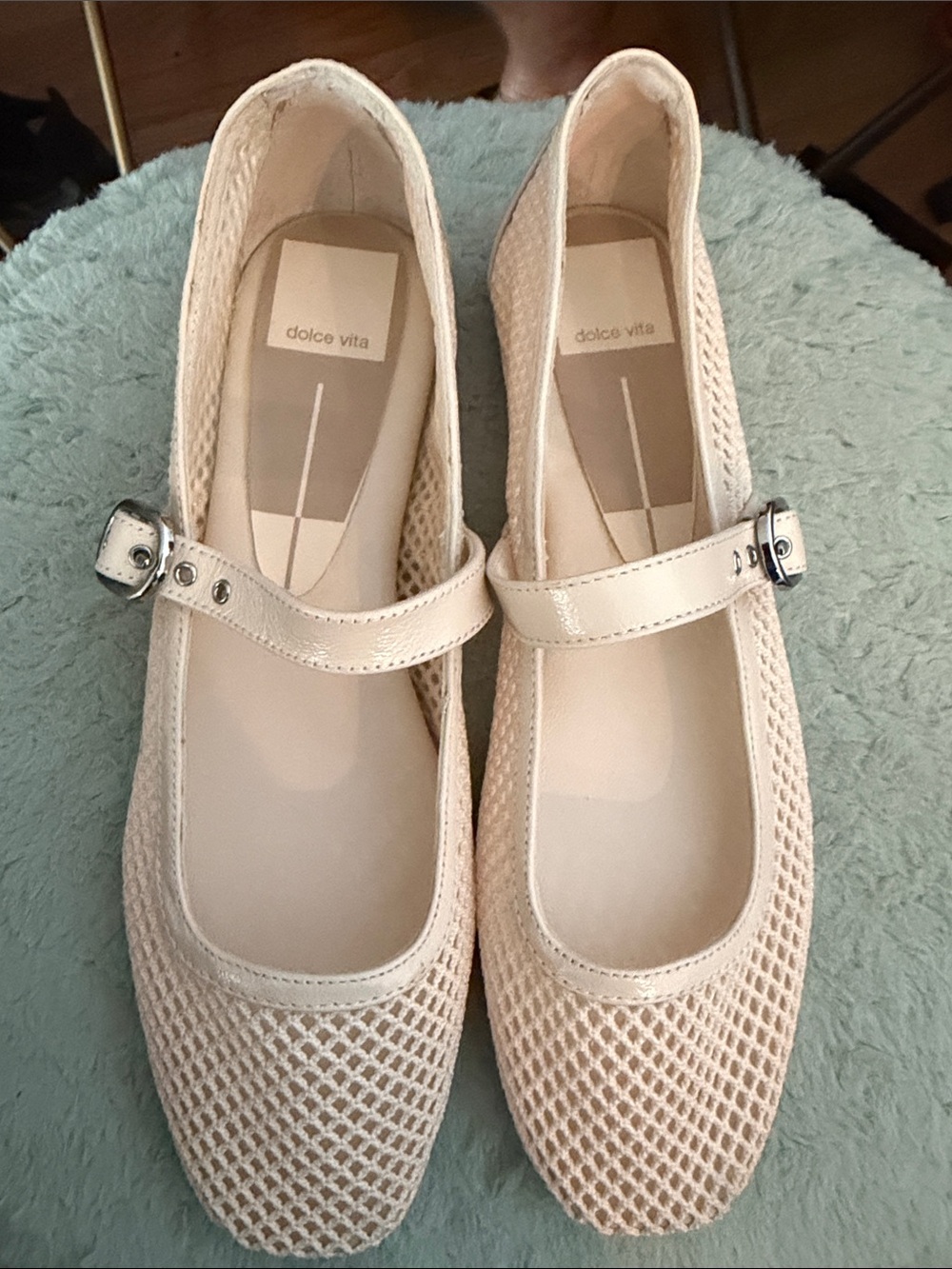 Dolce Vita Cream Mesh Mary Jane Flats with Buckle Strap